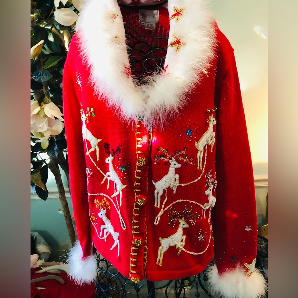 “Just B”Red Festive Cardigan with White Fur Trim